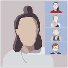 Vector illustration of a video conference call with female participants. One speaker and listeners