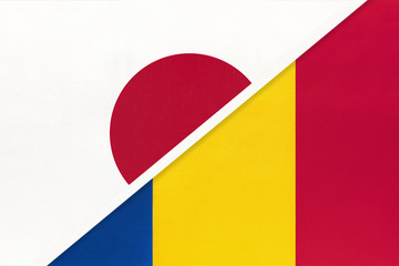Japan vs Romania, symbol of two national flags. Relationship between Asian and European countries.