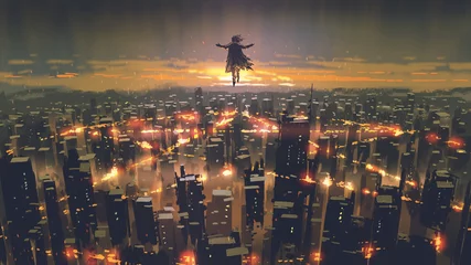 Fototapeten Mann schwebt am Himmel und zerstört die Stadt mit böser Macht, digitalem Kunststil, Illustrationsmalerei © grandfailure
