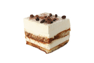 Sweet tiramisu isolated on white background. Tasty dessert