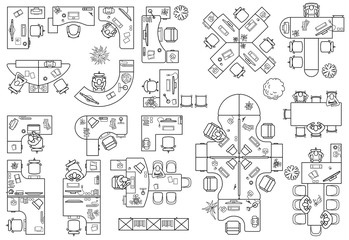 Floor plan of office or cabinet in top view. Desks (working table), chairs, computers, reception and other modular system of office equipment. Furniture icons in view from above. Vector - 348775878