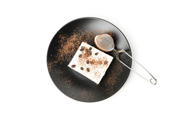 Plate with tiramisu isolated on white background. Tasty dessert