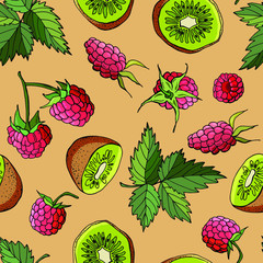 Seamless pattern of kiwi, raspberries with leaves. Cartoon style. Stock illustration. Design for wallpaper, fabric, textile, packaging.