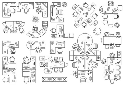 Floor plan of office or cabinet in top view. Desks (working table), chairs, computers, reception and other modular system of office equipment. Furniture icons in view from above. Vector
