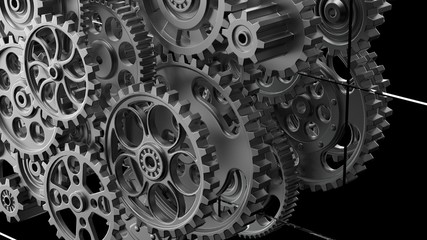 Obraz premium Mechanism silver gears and cogs at work on black-white background. Industrial machinery. 3D illustration. 3D high quality rendering.