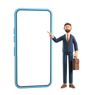 Portrait of smiling bearded businessman with big phone. 3D illustration of cartoon standing man in suit with bag pointing finger at screen, isolated on white background.