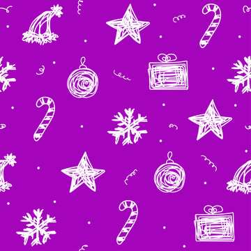 Seamless Christmas pattern. Vector New Year background of white holiday symbols. Hand-drawn tangled lines toys. Star, hat, ball, gift, candy, snowflake. Illustration for wallpaper, wrapping paper