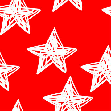 White Christmas Stars seamless pattern on Red background. New Year hand drawn vector illustration with Christmas decorations for wallpapers, backgrounds, posters, wrapping paper, textile.Tangled lines