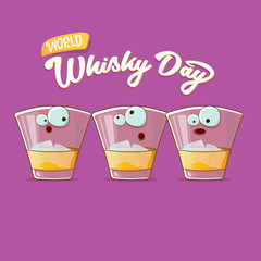 World Whisky Day banner with vector funny cartoon smiling whiskey glass character isolated on violet backgound. whiskey day vector concept illustration. funky hipster alcohol character label