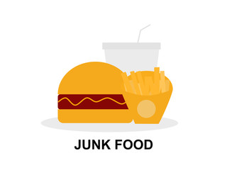 Junk food burger fries and drink, set meal and drink, high calories bad eat overweight, restaurant junk food unhealthy symbol flat design illustration 