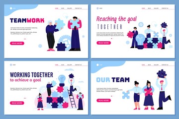 Teamwork banner set with business team holding puzzle pieces