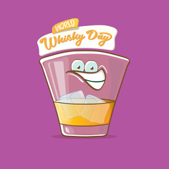 World Whisky Day banner with vector funny cartoon smiling whiskey glass character isolated on violet backgound. whiskey day vector concept illustration. funky hipster alcohol character label
