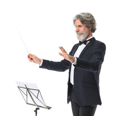 Senior male conductor on white background