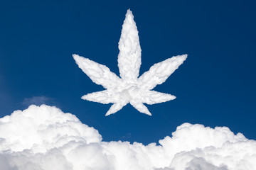 marijuana leaf cloud against a bright blue cloudy sky