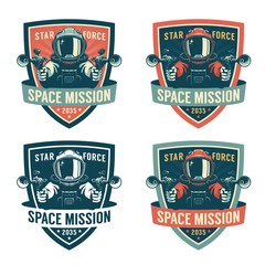 Naklejka premium Astronaut with ray guns - vintage badge. Space army retro emblem. Vector illustration.
