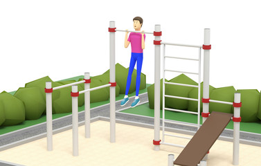 Young man is doing pull ups at a sports ground outdoors. 3D illustration