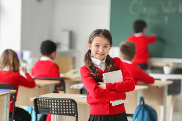 Cute little pupil in classroom