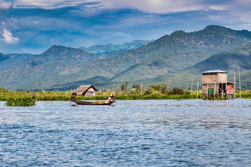 Wooden floating houses on Inle Lake in Shan, Myanmar, former Burma
