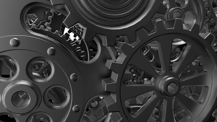 Obraz premium Mechanism silver gears and cogs at work on black-white background. Industrial machinery. 3D illustration. 3D high quality rendering.