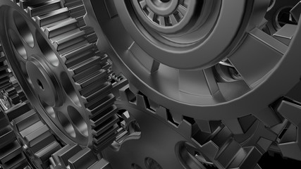 Obraz premium Mechanism silver gears and cogs at work on black-white background. Industrial machinery. 3D illustration. 3D high quality rendering.