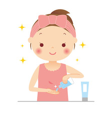 化粧水を手にとる女性　イラスト