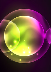 Glowing neon shiny transparent bubbles, glass circles or bio cell concept. Techno futuristic vector abstract background For Wallpaper, Banner, Background, Card, Book Illustration, landing page