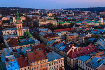 Obraz premium Aerial view of Assumption church and historic center of Lviv, Ukraine. Lvov cityscape. View from Lviv Town Hall