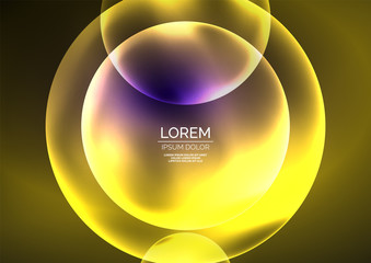 Glowing neon shiny transparent bubbles, glass circles or bio cell concept. Techno futuristic vector abstract background For Wallpaper, Banner, Background, Card, Book Illustration, landing page