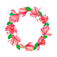 Watercolor wreath with pink magnolias. Isolated illustration on a white background. Spring elegant flowers