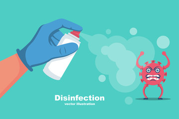 Man in gloves holds a bottle of antiseptic spray. Antibacterial flask kills bacteria. Disinfectant concept. Vector illustration flat design. Isolated on white background. Coronavirus protection.