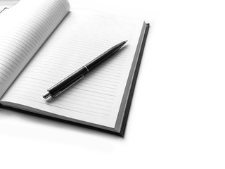 Notebook, empty diary and pen, isolated on white desk