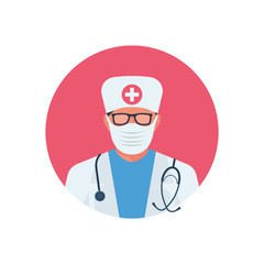 Doctor in protective mask. Quarantine concept. Medical background for flu control instructions. Flat icon doctor in uniform with stethoscope in mask. Vector illustration cartoon design. Sick with flu.