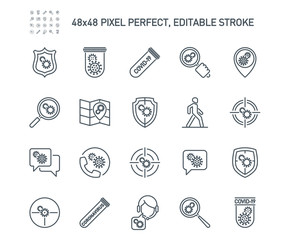 Simple Set of Coronavirus Protection Related Vector Line Icons. Contains such Icons as Protective Measures, Coronavirus Symptoms, Incubation Period and more. Editable Stroke. 48x48 Pixel Perfect.