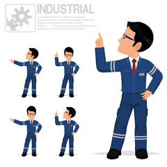 An industrial worker is pointing to something on transparent background