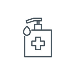 sanitizer dispenser with antiseptic drop gel single line icon isolated on white. Perfect outline antibacterial bottle symbol Coronavirus Covid 19 pandemic banner. Quality element with editable Stroke