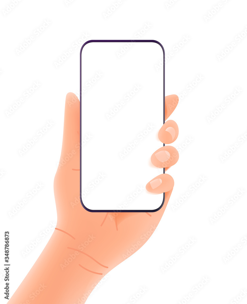 Aufkleber smartphone in hands vector mockup isolated on white background. vectical orientation