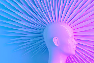 Profile of a female head with a stylized Iroquois of petals in ultraviolet blue and pink light. 3D illustration
