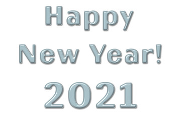 Happy new year 2021 lettering in letters made of liquid white metal. Congratulatory inscription with Chinese New Year 2021 white metal Ox. Design template for calendar 2021, greeting card, banner.