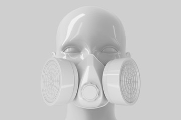 Minimalistic background with a female white shiny porcelain face and a respirator on a grey background. 3D illustration.