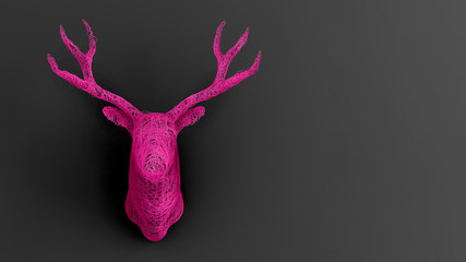 Lots of shiny threads intertwined in the shape of a voluminous deer head on the wall. Christmas concert. 3D illustration