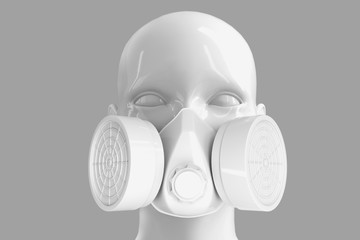 Minimalistic background with a female white shiny porcelain face and a respirator on a grey...