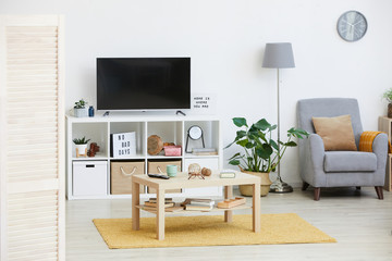 Image of modern furniture and big TV in the domestic room in apartment