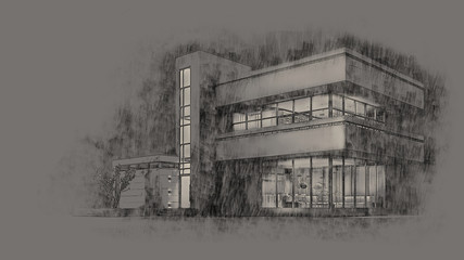 Pencil and watercolor drawing by hand of a modern house with a balcony on dark gray paper. Evening lighting with white outlines and light from the Windows. Stock illustration.