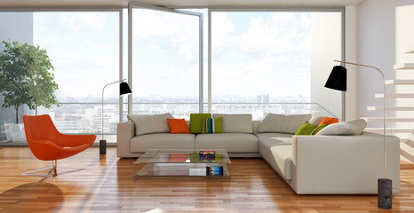 Large luxury modern minimal bright interiors room mockup illustration 3D rendering