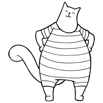 recommend clip art: Vector illustration. Coloring page. Black line. Cartoon cat. Isolated on a white. Acrobat cat in a striped retro swimsuit.