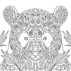 Coloring book. Panda's face in doodle and zentagle elements. Vector outline illustration for coloring page for adult. Pattern line art.