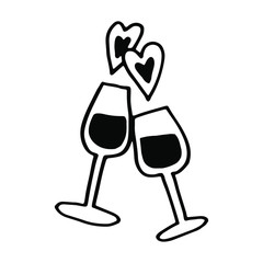 Two glasses of wine and a heart. Hand drawing outline doodles. Suitable for design Valentine's Day, wedding, greeting card, print.
