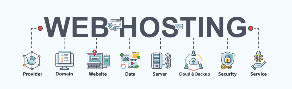 Web hosting banner web icon for business, domain, website, SEO, data, cloud service, backup, support, security and service. Flat cartoon vector infographic.