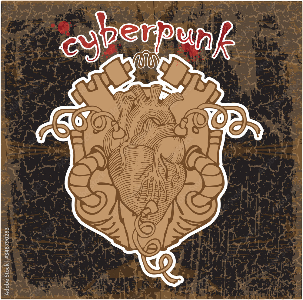 Aufkleber vector image of a cyborg heart pattern with cyberpunk inscription in the style of the image on cloth
