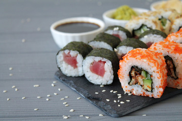 sSushi set with soy sauce and wasabi